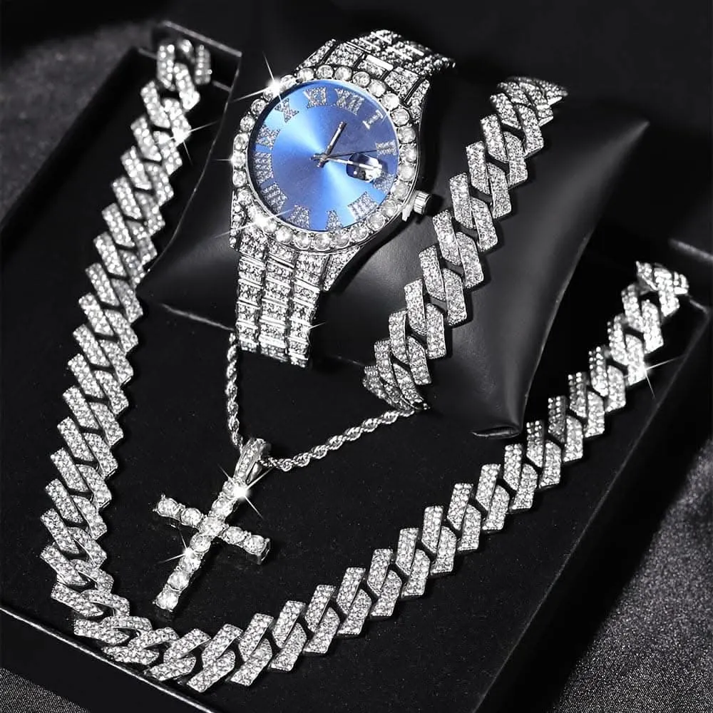 4pcs Men's Wrist Watch & Hip Hop Cuban Chain Set