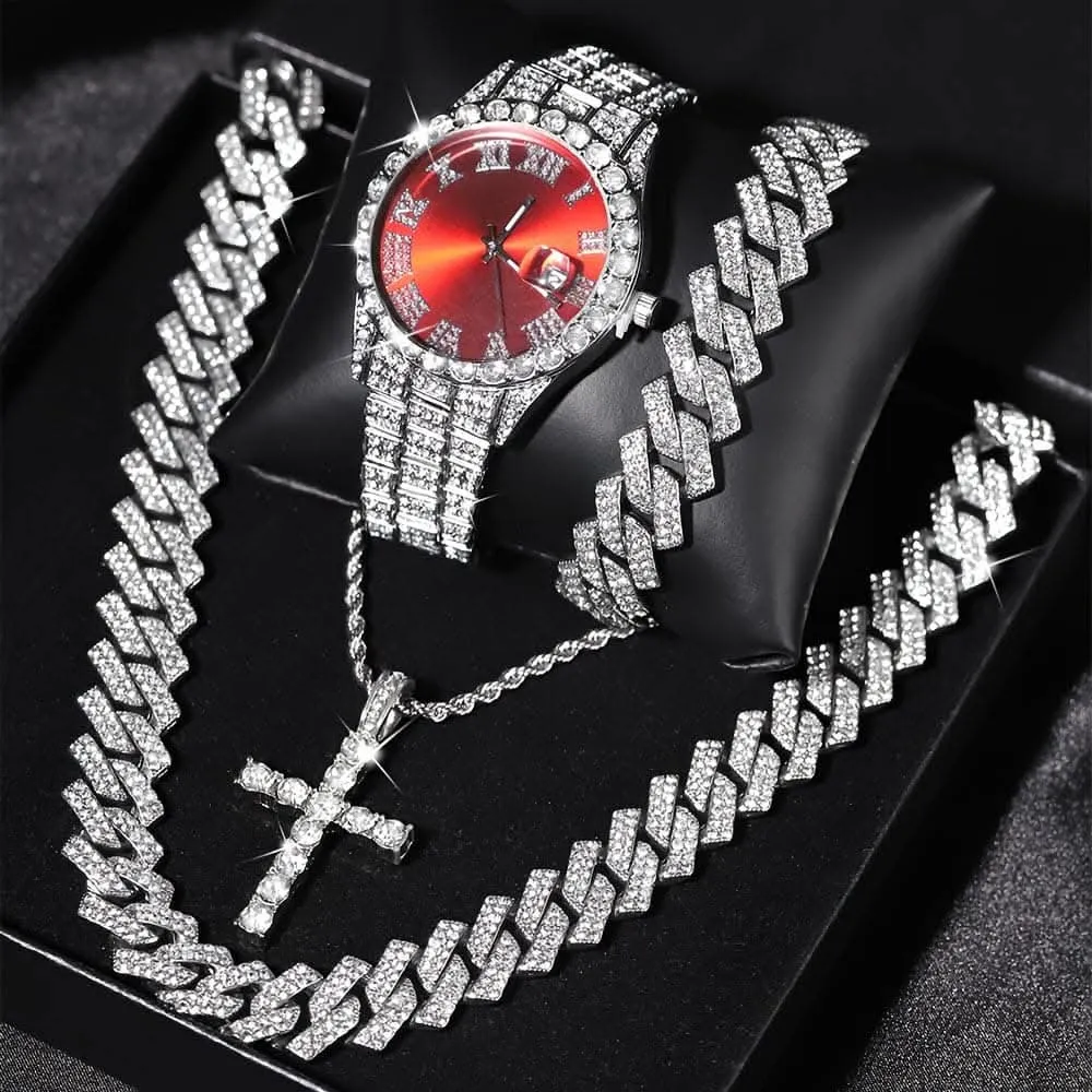 4pcs Men's Wrist Watch & Hip Hop Cuban Chain Set