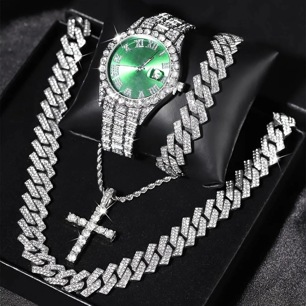 4pcs Men's Wrist Watch & Hip Hop Cuban Chain Set