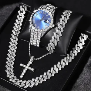 4pcs Men's Wrist Watch & Hip Hop Cuban Chain Set