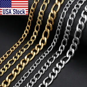 5/7/9mm Men&#39;s Stainless Steel Necklace Figaro Link Chain Choker for Men Women Gold Color Silver Color Solid Accessories  KNM177