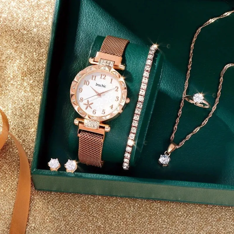 6 PCS New Women's Fashion Digital Rhinestone Star Quartz Watch Luxury Atmosphere Butterfly Jewelry Bracelet Birthday Gift Set