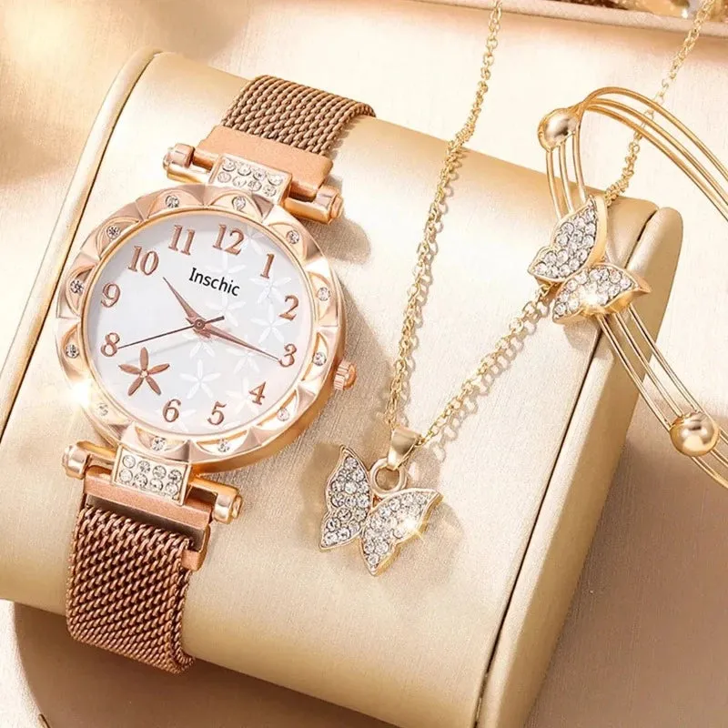 6 PCS New Women's Fashion Digital Rhinestone Star Quartz Watch Luxury Atmosphere Butterfly Jewelry Bracelet Birthday Gift Set