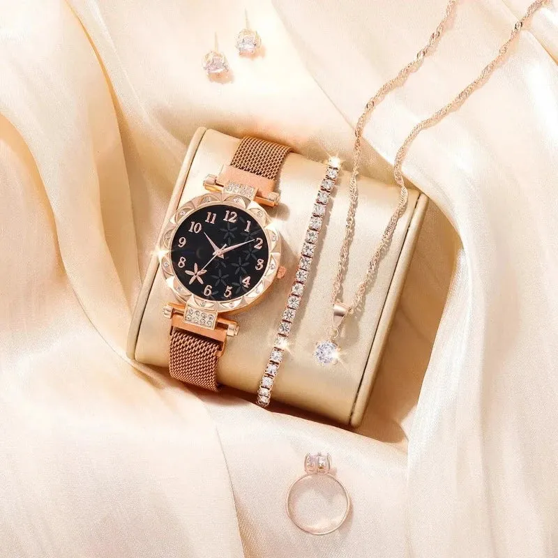 6 PCS New Women's Fashion Digital Rhinestone Star Quartz Watch Luxury Atmosphere Butterfly Jewelry Bracelet Birthday Gift Set