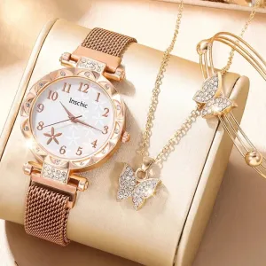 6 PCS New Women's Fashion Digital Rhinestone Star Quartz Watch Luxury Atmosphere Butterfly Jewelry Bracelet Birthday Gift Set