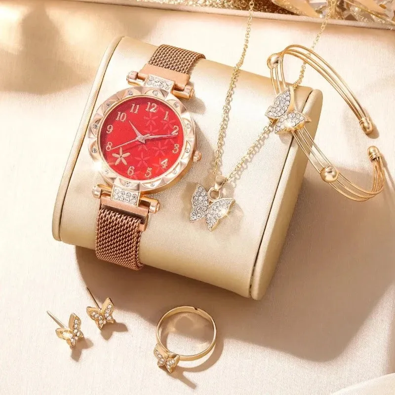6 PCS New Women's Fashion Digital Rhinestone Star Quartz Watch Luxury Atmosphere Butterfly Jewelry Bracelet Birthday Gift Set