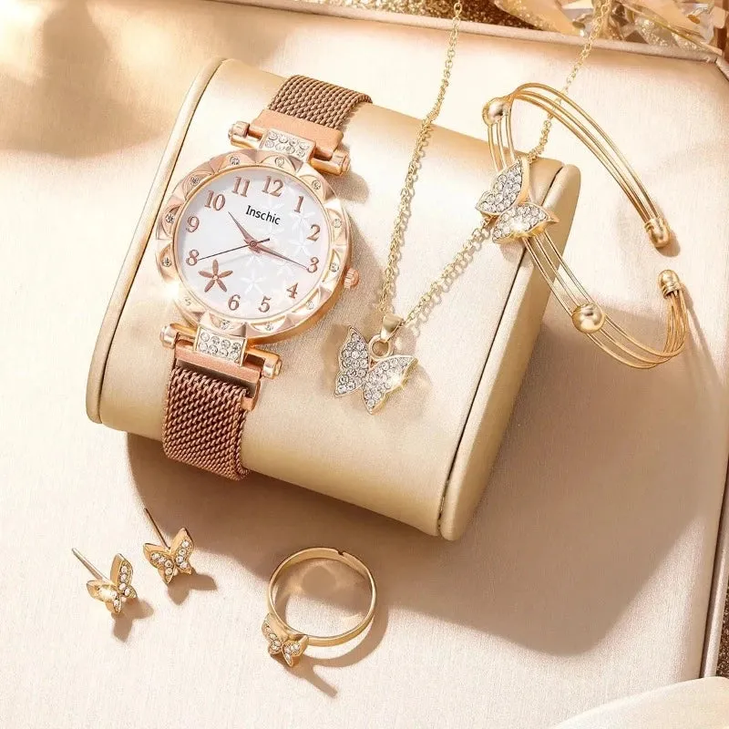 6 PCS New Women's Fashion Digital Rhinestone Star Quartz Watch Luxury Atmosphere Butterfly Jewelry Bracelet Birthday Gift Set