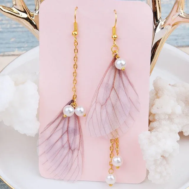 8SEASONS Handmade Organza Ethereal Butterfly Earrings Silver Color Gold Color Green Blue Imitation Pearl Red Glitter Party 1Pair