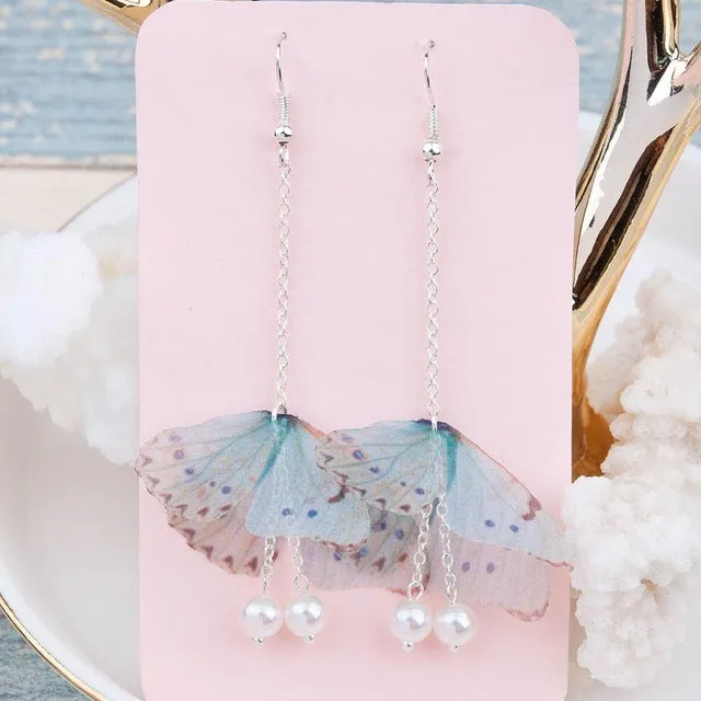 8SEASONS Handmade Organza Ethereal Butterfly Earrings Silver Color Gold Color Green Blue Imitation Pearl Red Glitter Party 1Pair