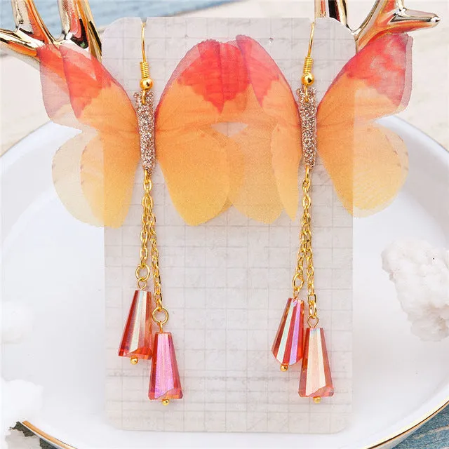8SEASONS Handmade Organza Ethereal Butterfly Earrings Silver Color Gold Color Green Blue Imitation Pearl Red Glitter Party 1Pair