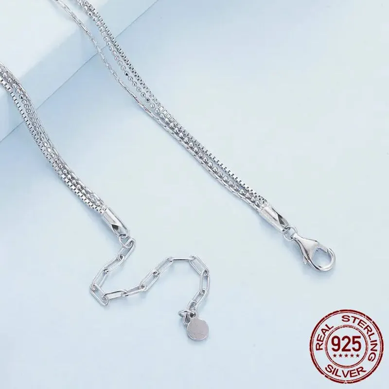 925 Sterling Silver Chic Triple Layer Necklace Box Bead Neck Chain for Women Platinum Plated Original Design Fine Jewelry