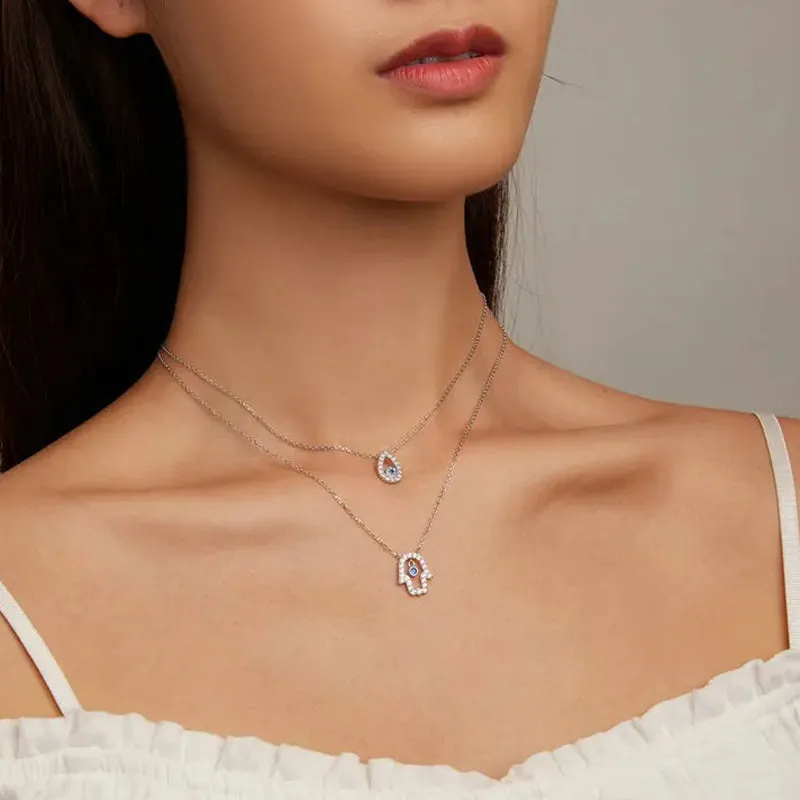 925 Sterling Silver Water-drop Shape Blue Zircon Devil's Eye Pendant Necklace for Women Classic Neck Chain Jewelry