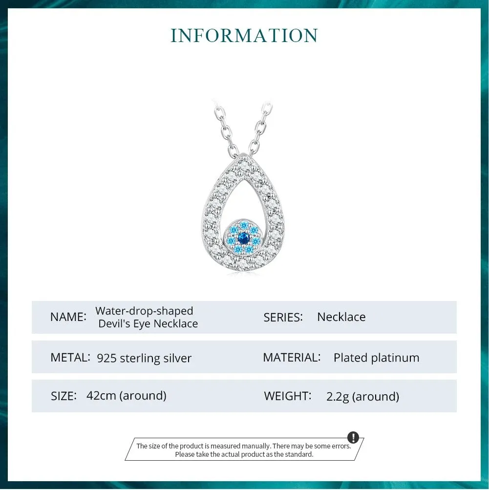 925 Sterling Silver Water-drop Shape Blue Zircon Devil's Eye Pendant Necklace for Women Classic Neck Chain Jewelry