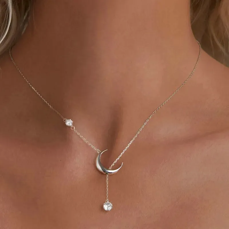925 Sterling Silver Y-Shape Moon Pendant Necklace Water-drop Zircon Neck Chain for Women Anniversary Gift Fine Jewelry