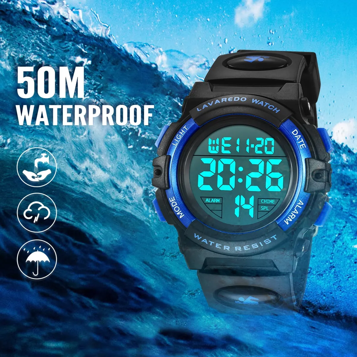 A ALPS Watches for Kids Boys Girls Digital Outdoor Waterproof Sport LED Light Stopwatch Child Wristwatch Blue