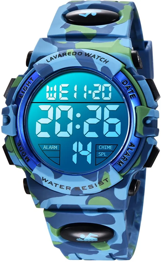 A ALPS Watches for Kids Boys Girls Digital Outdoor Waterproof Sport LED Light Stopwatch Child Wristwatch Blue