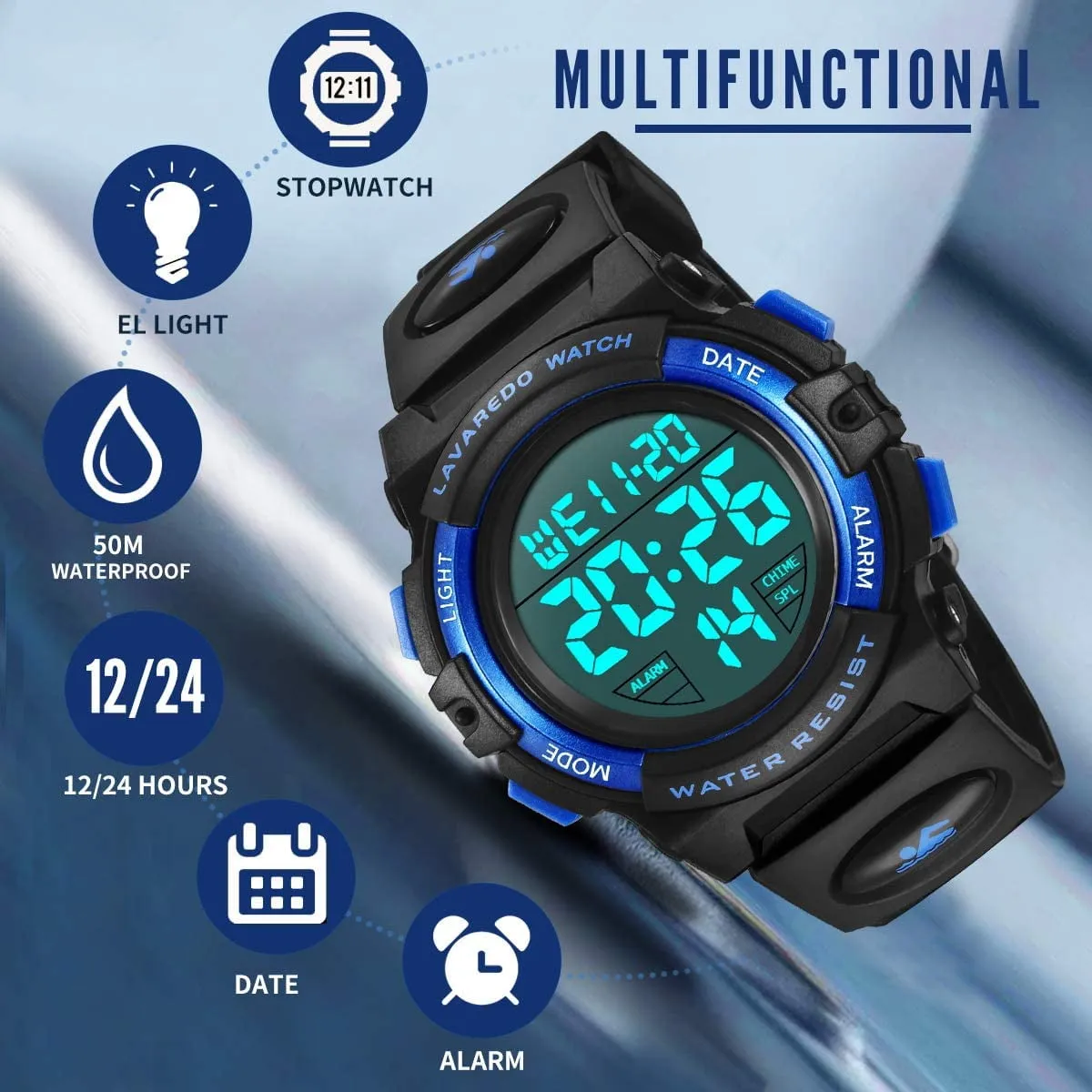 A ALPS Watches for Kids Boys Girls Digital Outdoor Waterproof Sport LED Light Stopwatch Child Wristwatch Blue