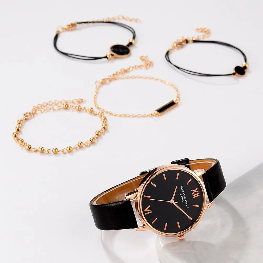 Aesthetic Watch Set With Minimalist Wristwatch and Bracelets For Women
