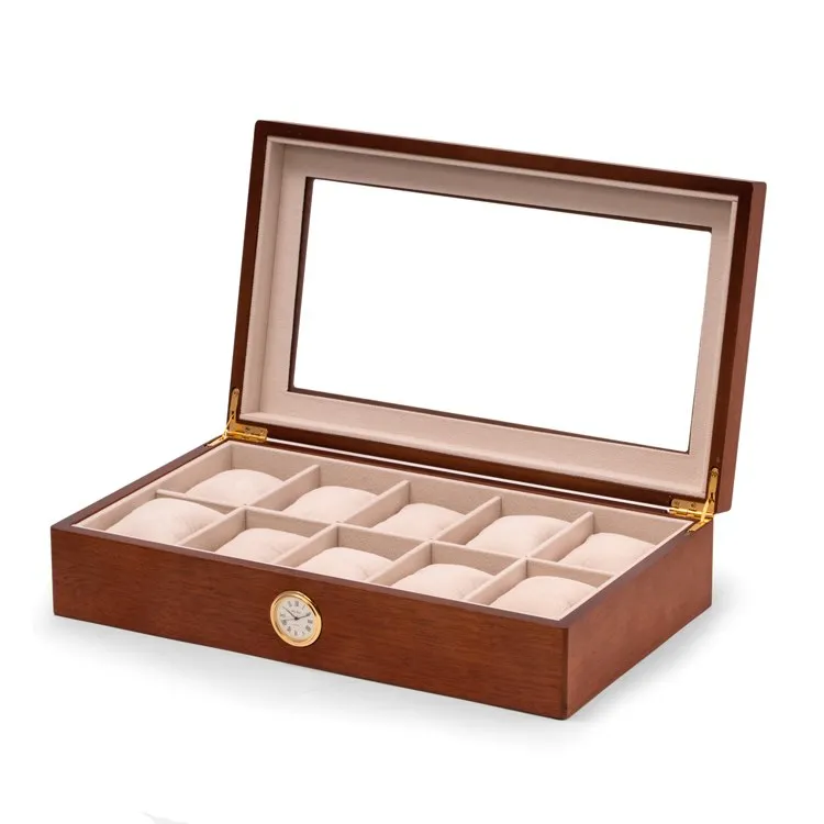 All In Time Wood Ten-Watch Box with Quartz Movement Clock - Cherry - OPEN BOX