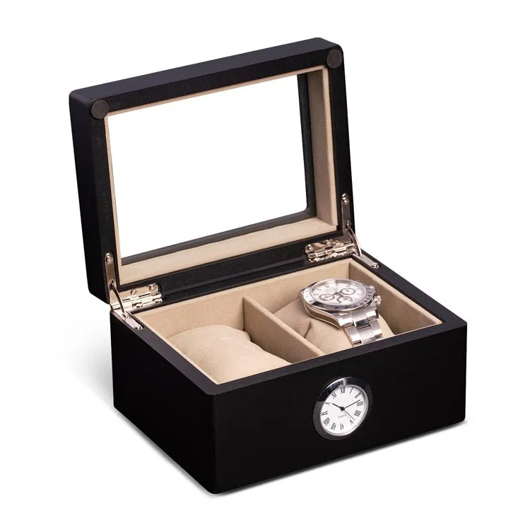 All In Time Wood Two-Watch Box with Quartz Movement Clock - Black
