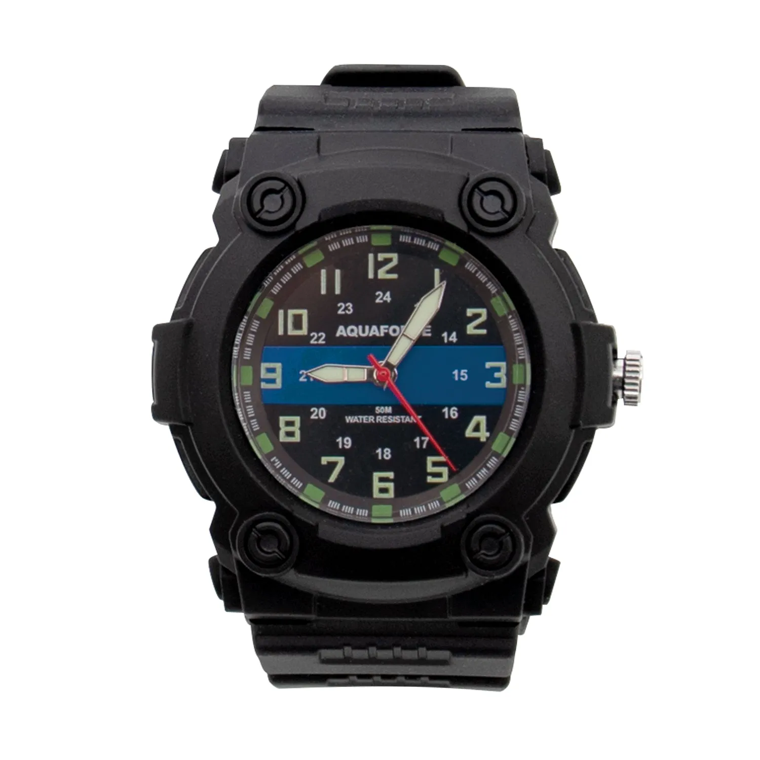 Aqua Force Thin Blue Line Police Officer Rugged Pu Rubber Watch (50m Water Resistant)
