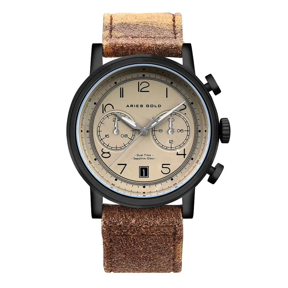 ARIES GOLD URBAN JOURNEY BLACK STAINLESS STEEL G 1025 BK-KHA CAMO KHAKI BROWN LEATHER STRAP MEN'S WATCH