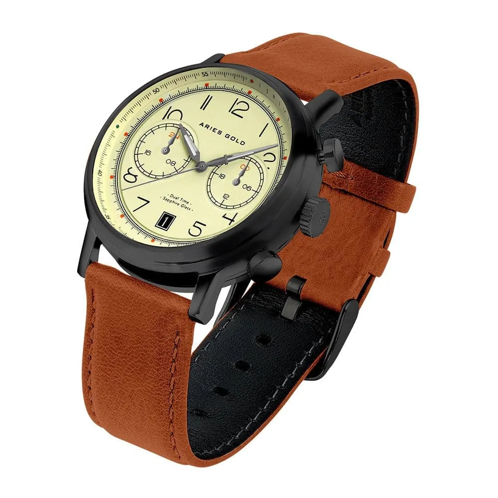 ARIES GOLD URBAN JOURNEY BLACK STAINLESS STEEL G 1025 BK-KHA CAMO KHAKI BROWN LEATHER STRAP MEN'S WATCH