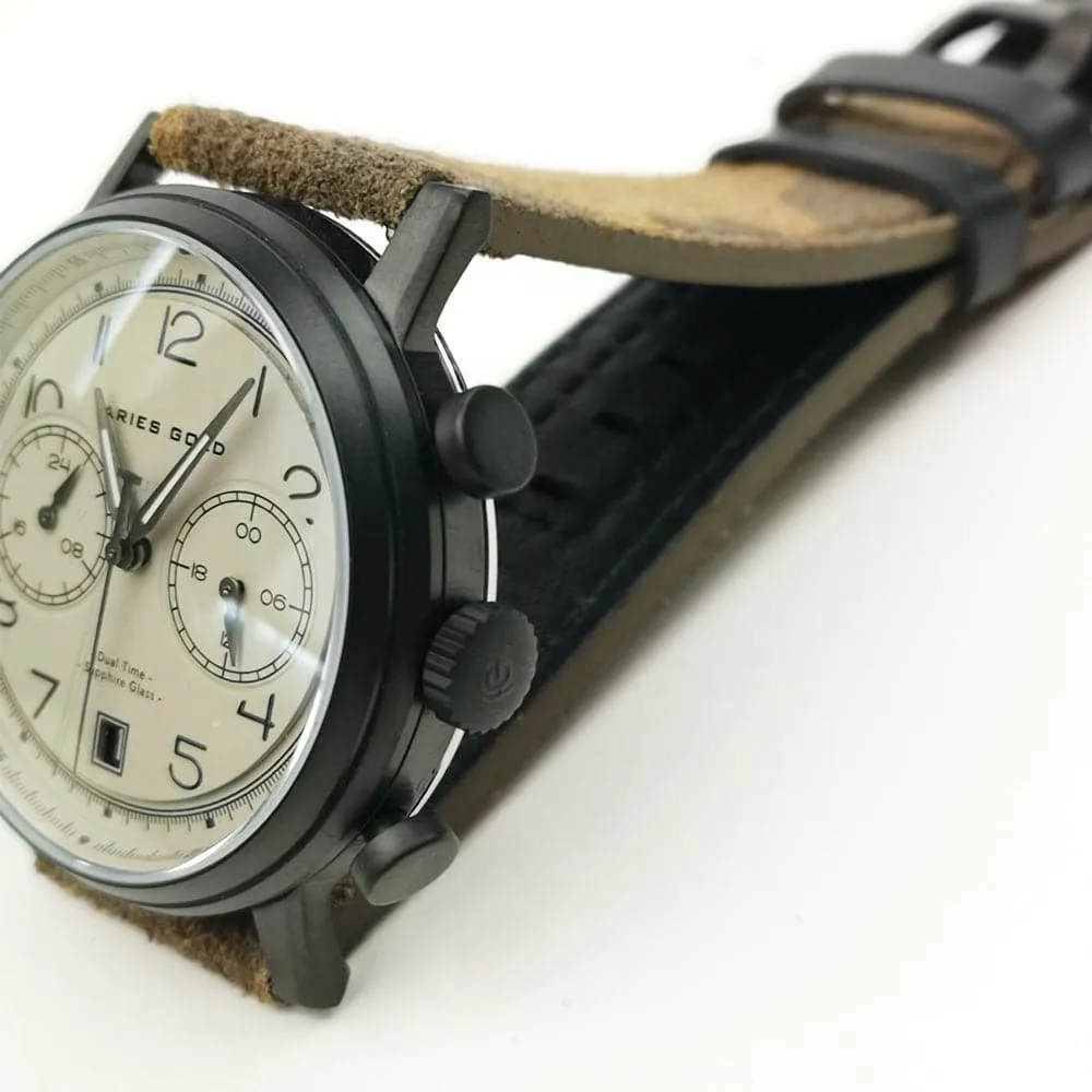 ARIES GOLD URBAN JOURNEY BLACK STAINLESS STEEL G 1025 BK-KHA CAMO KHAKI BROWN LEATHER STRAP MEN'S WATCH
