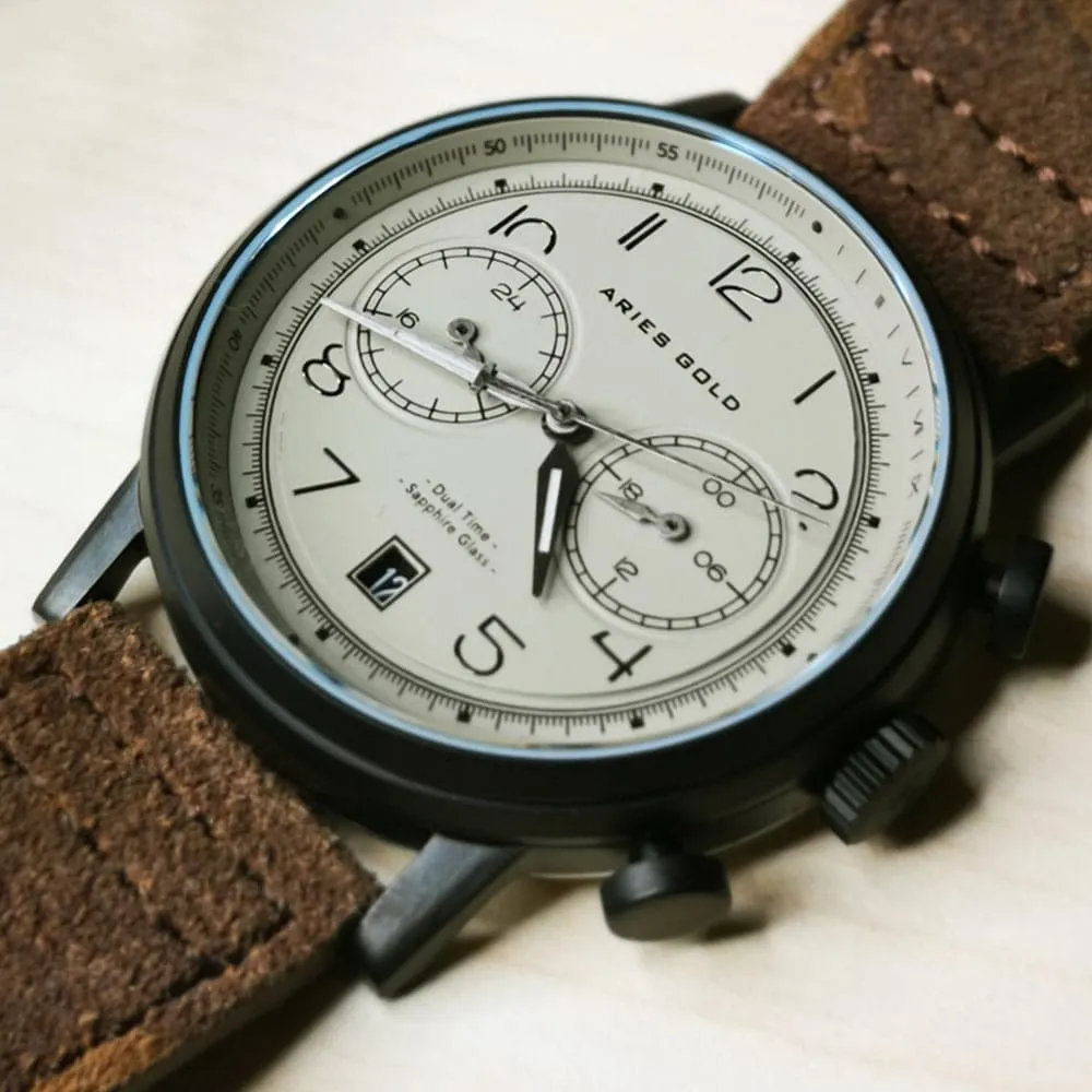 ARIES GOLD URBAN JOURNEY BLACK STAINLESS STEEL G 1025 BK-KHA CAMO KHAKI BROWN LEATHER STRAP MEN'S WATCH