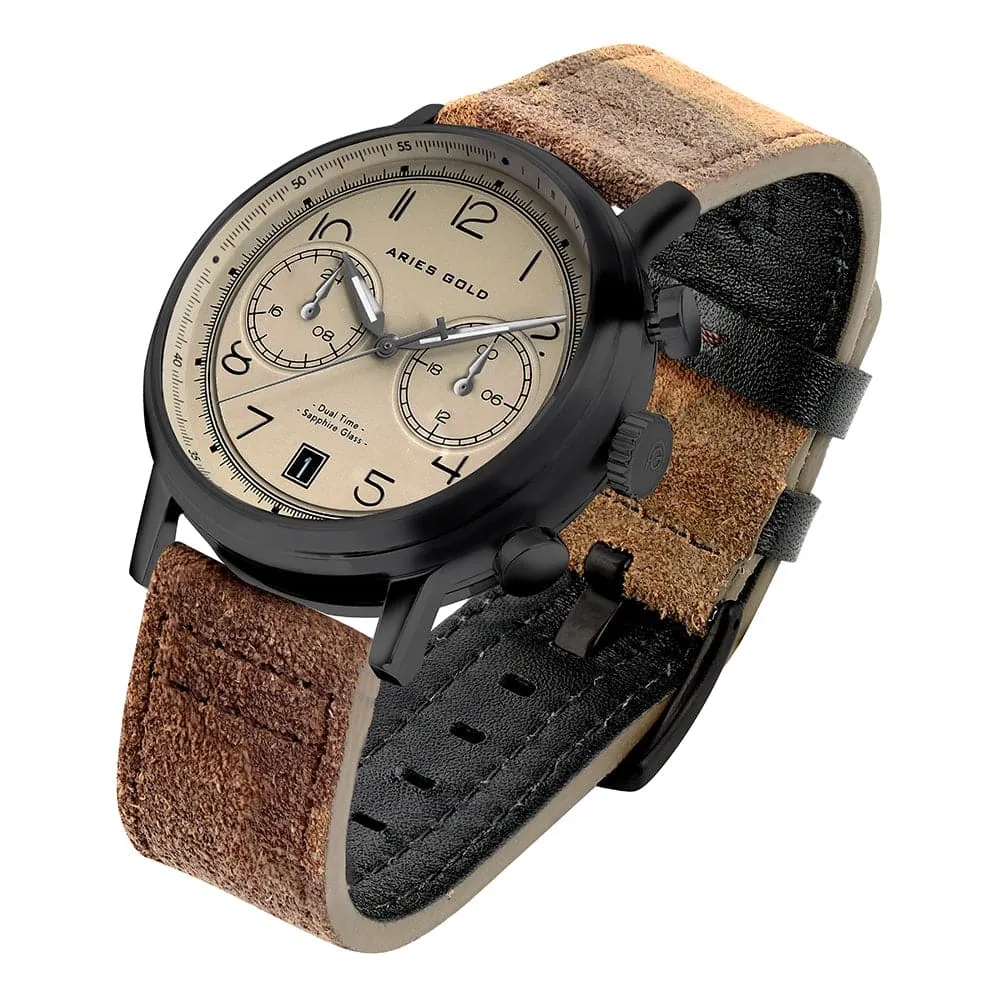 ARIES GOLD URBAN JOURNEY BLACK STAINLESS STEEL G 1025 BK-KHA CAMO KHAKI BROWN LEATHER STRAP MEN'S WATCH