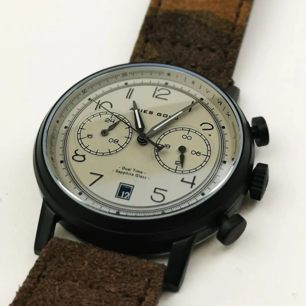 ARIES GOLD URBAN JOURNEY BLACK STAINLESS STEEL G 1025 BK-KHA CAMO KHAKI BROWN LEATHER STRAP MEN'S WATCH