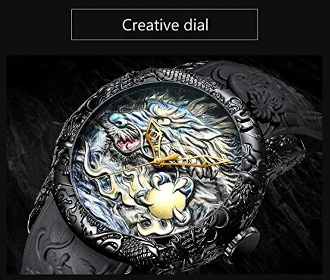 Automatic Watch for Men Fashion 3D Engraved Dragon Waterproof Big Dial Sports Wrist Watch