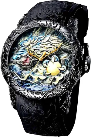 Automatic Watch for Men Fashion 3D Engraved Dragon Waterproof Big Dial Sports Wrist Watch