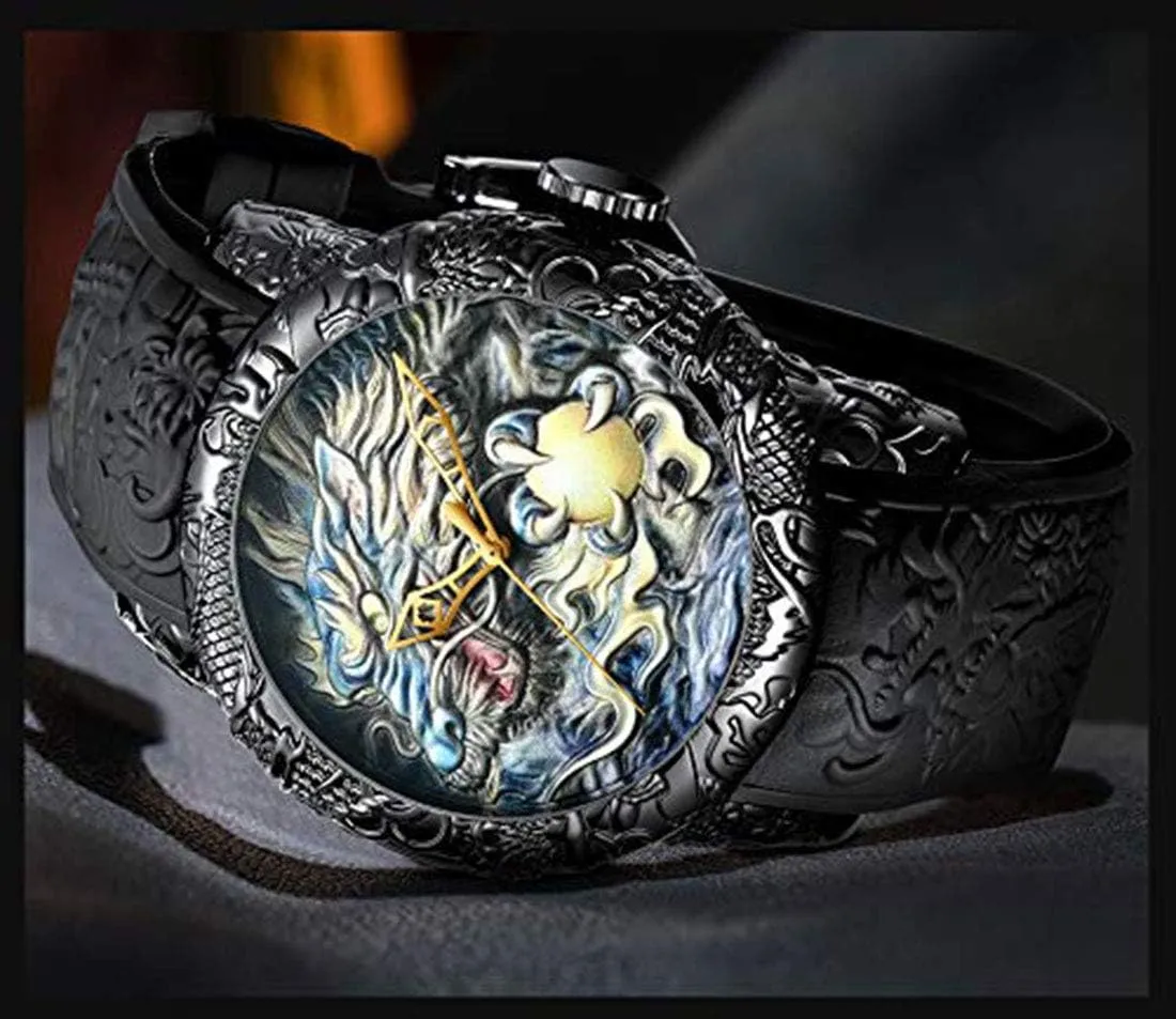 Automatic Watch for Men Fashion 3D Engraved Dragon Waterproof Big Dial Sports Wrist Watch
