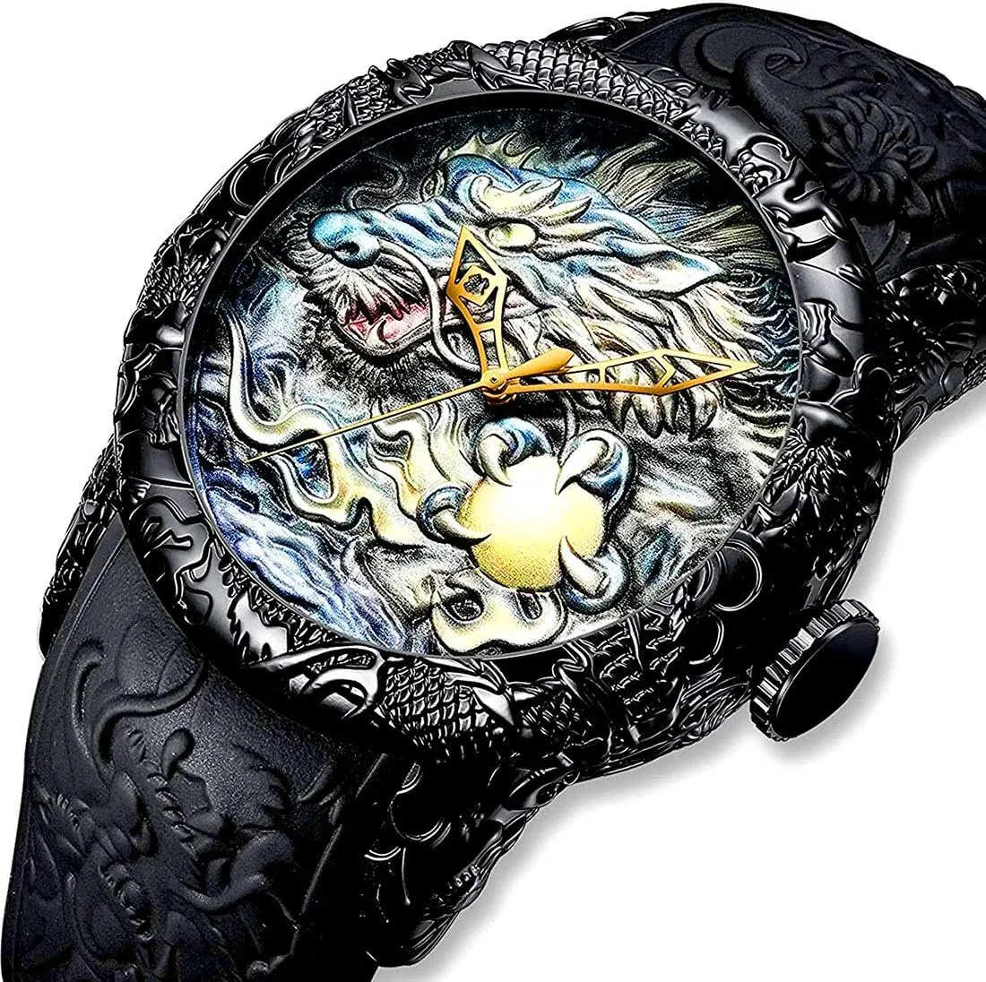Automatic Watch for Men Fashion 3D Engraved Dragon Waterproof Big Dial Sports Wrist Watch