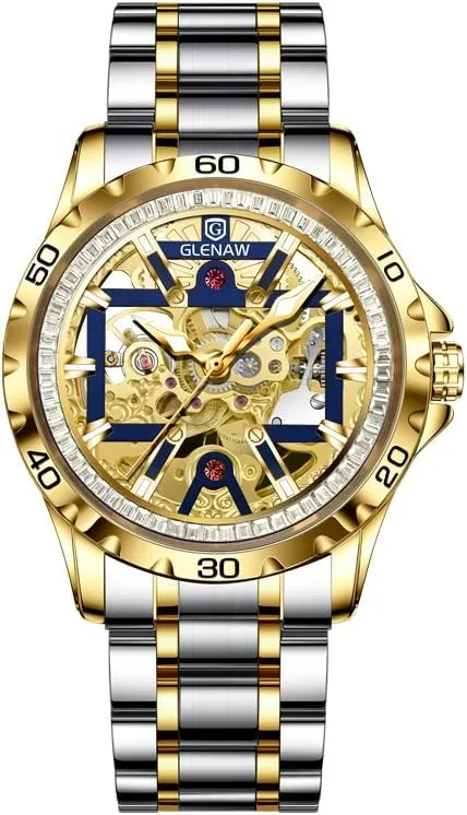 Automatic Watches for Men-Rhinestone Ring Open Dial, Skeleton Mechanical Self Wind Watch, Men's Waterproof Watch Stainless Steel Strap