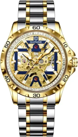 Automatic Watches for Men-Rhinestone Ring Open Dial, Skeleton Mechanical Self Wind Watch, Men's Waterproof Watch Stainless Steel Strap