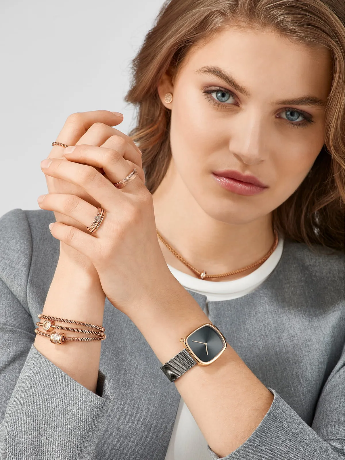 Bering Rose Gold & Grey Stainless Steel Mesh Pebble Watch with Grey Dial