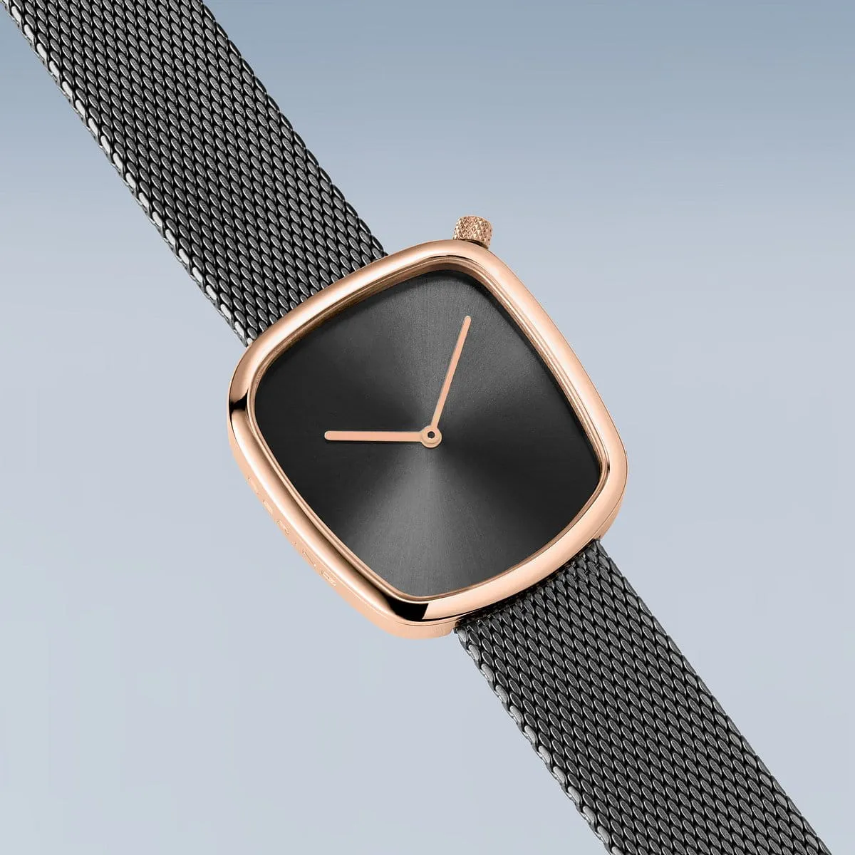 Bering Rose Gold & Grey Stainless Steel Mesh Pebble Watch with Grey Dial