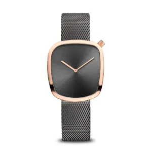 Bering Rose Gold & Grey Stainless Steel Mesh Pebble Watch with Grey Dial