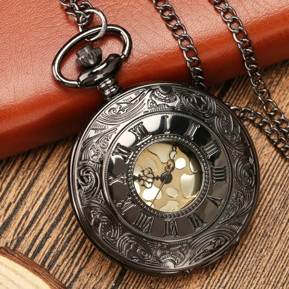 Black Roman Numerals Quartz Pocket Watch