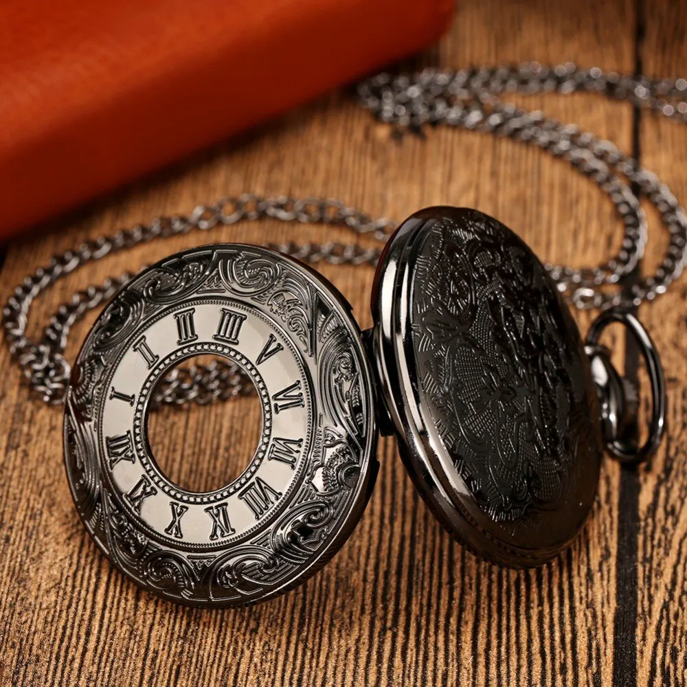 Black Roman Numerals Quartz Pocket Watch