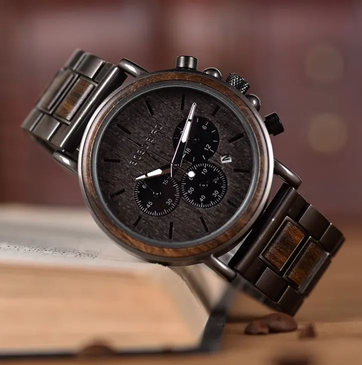 BOBO BIRD HIGH MATTE STAINLESS STEEL WOODEN BLACK WATCH