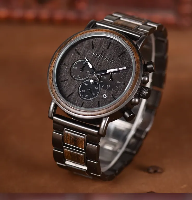 BOBO BIRD HIGH MATTE STAINLESS STEEL WOODEN BLACK WATCH