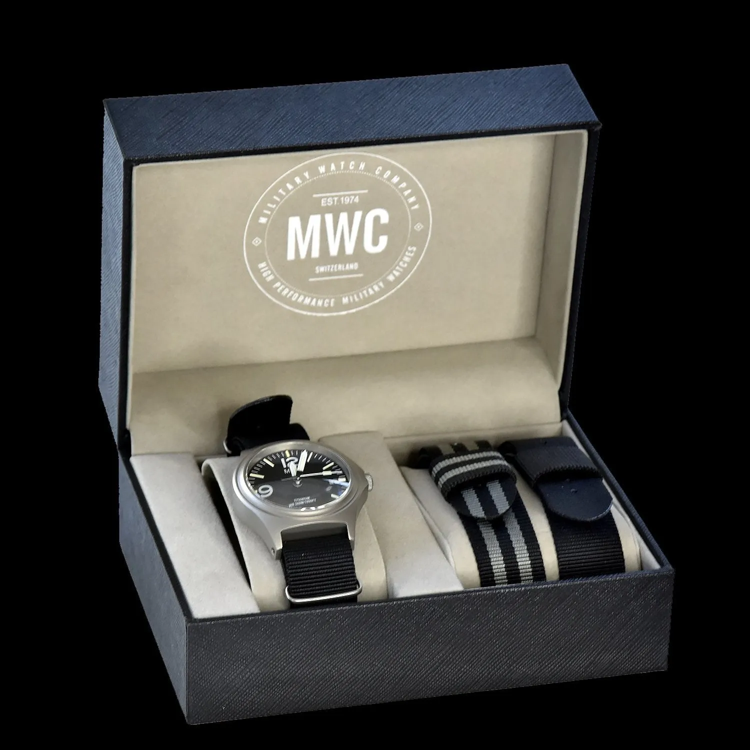 Brand New Current Pattern MWC Watch Box which takes one watch and two additional straps