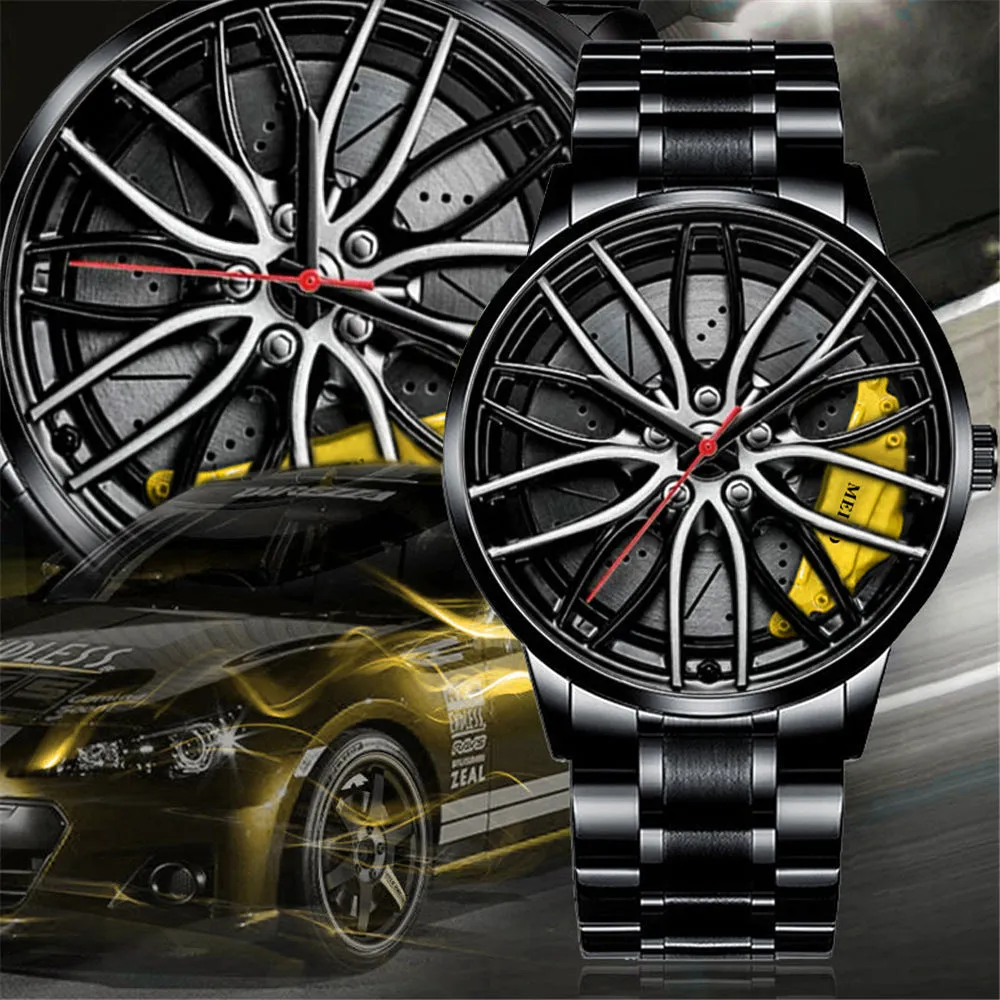 Car Watches for Men, Waterproof Stainless Steel Japanese Quartz Wrist Watch Sports Men’s Watches with Car Wheel Rim Hub Design