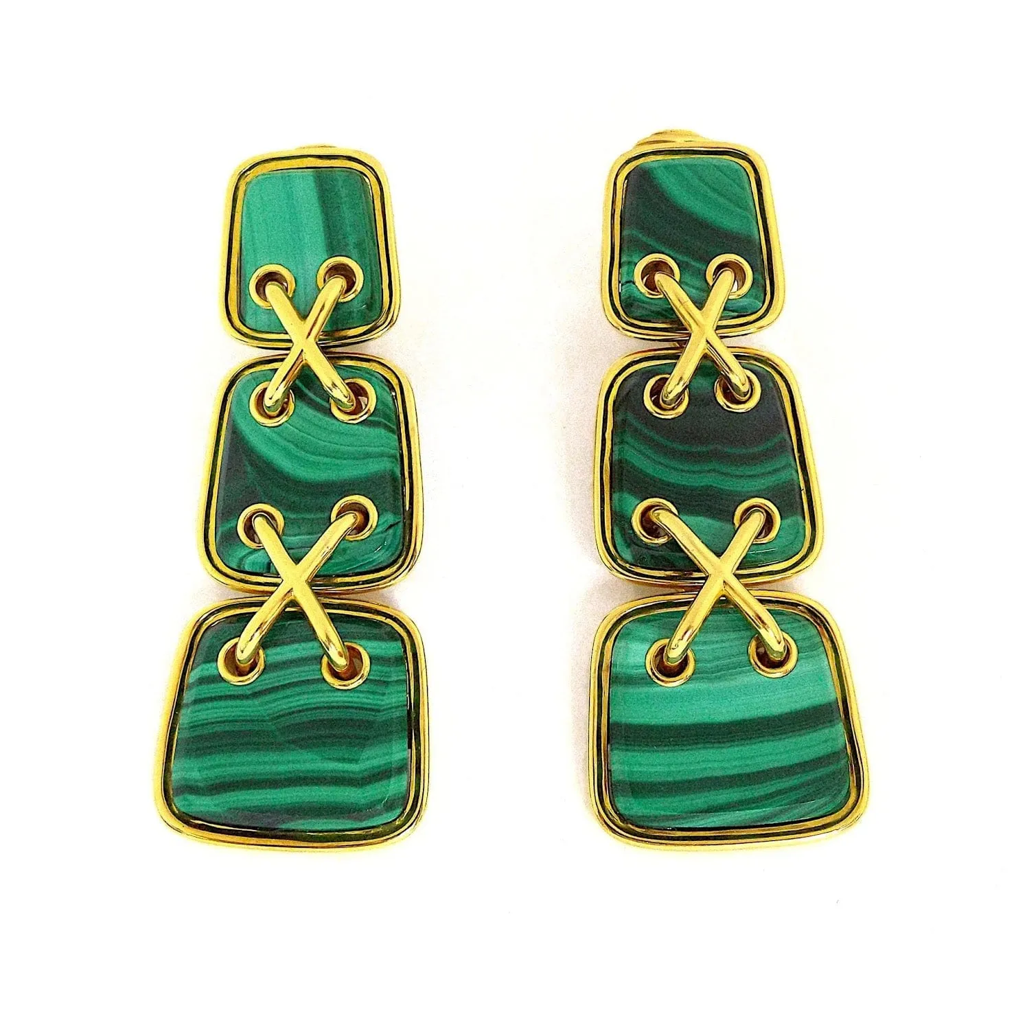 David Webb 18K Yellow Gold Malachite Stitched Earrings ASC5594