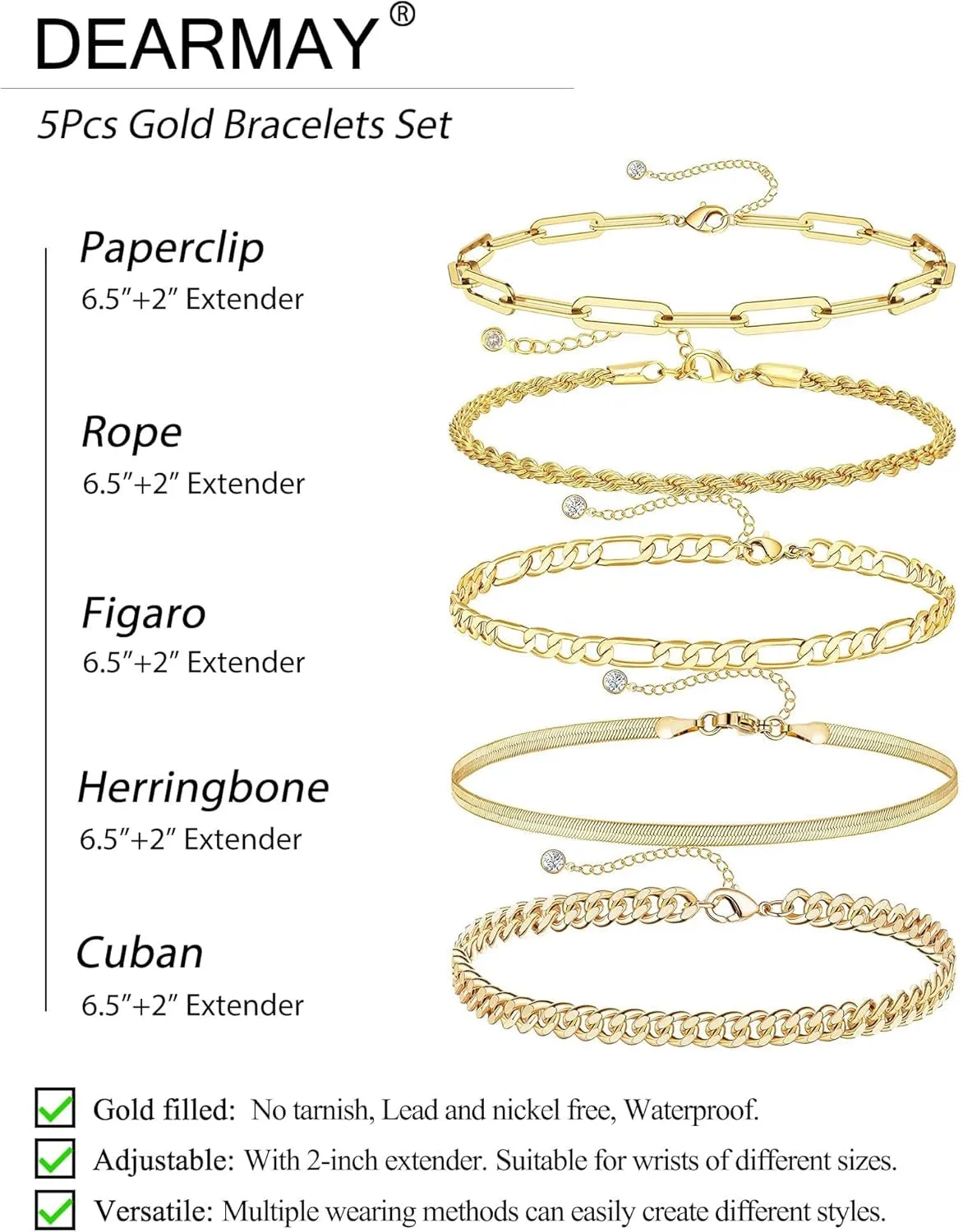 DEARMAY Gold Bracelets for Women Waterproof, 14K Real Gold Jewelry Sets for Women Trendy Thin Dainty Stackable Cuban Link Paperclip Chain Bracelet Pack Fashion Accessories Gifts for Womens