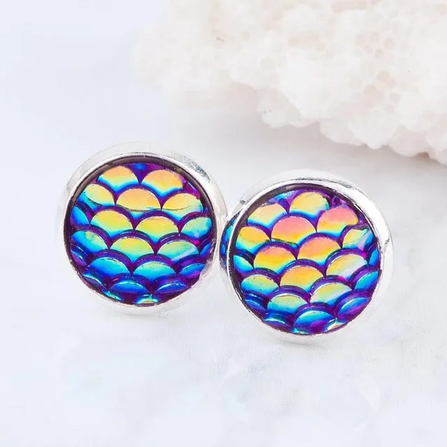 DoreenBeads Handmade Druzy /Drusy Resin Beads Round Earrings Mermaid Fish Scale Pattern Fashion Trendy Woman 15x12mm 1Pair