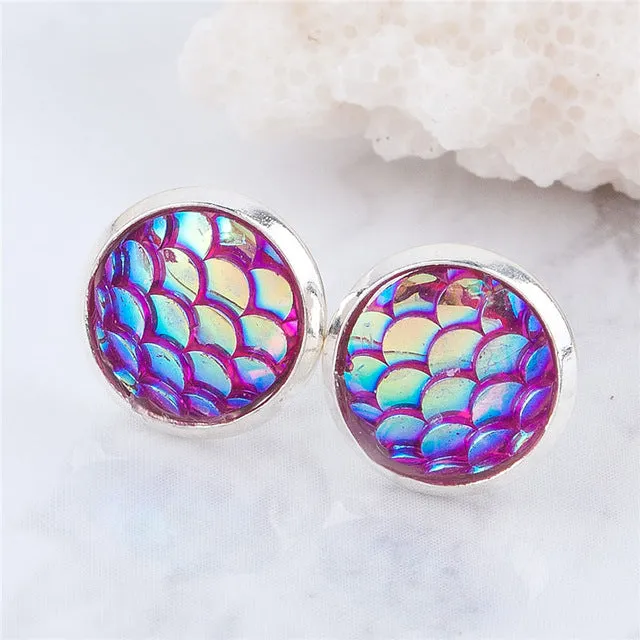 DoreenBeads Handmade Druzy /Drusy Resin Beads Round Earrings Mermaid Fish Scale Pattern Fashion Trendy Woman 15x12mm 1Pair